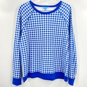 Draper James Natalie Gingham Pullover Terry Sweater Blue White Large